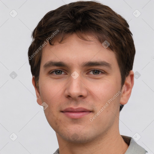 Neutral white young-adult male with short  brown hair and grey eyes