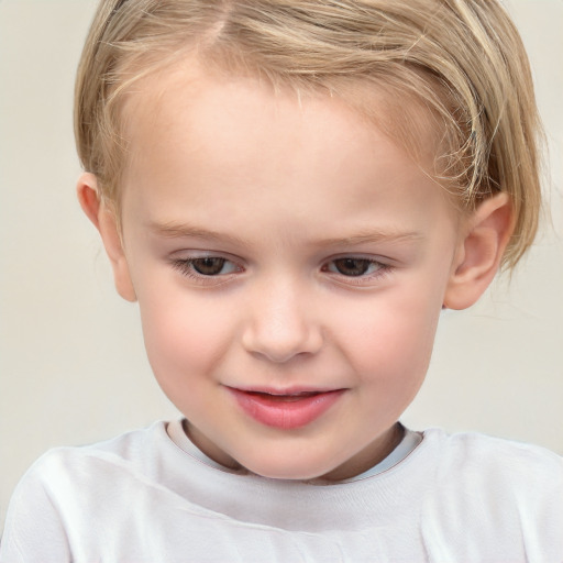 Joyful white child female with short  brown hair and brown eyes