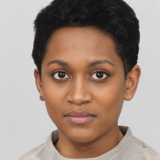 Neutral black young-adult female with short  black hair and brown eyes