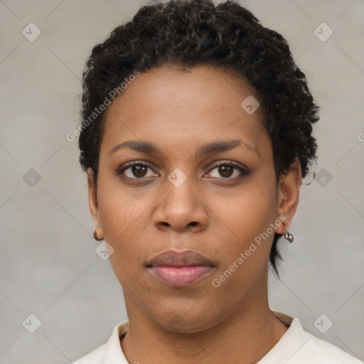 Neutral black young-adult female with short  black hair and brown eyes