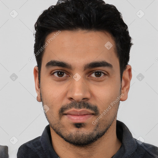 Neutral latino young-adult male with short  black hair and brown eyes