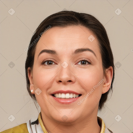 Joyful white young-adult female with medium  brown hair and brown eyes