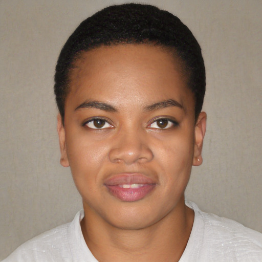Joyful black young-adult female with short  black hair and brown eyes