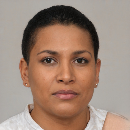 Neutral latino young-adult female with short  brown hair and brown eyes