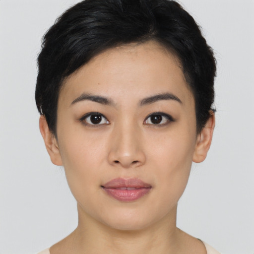 Neutral asian young-adult female with short  black hair and brown eyes