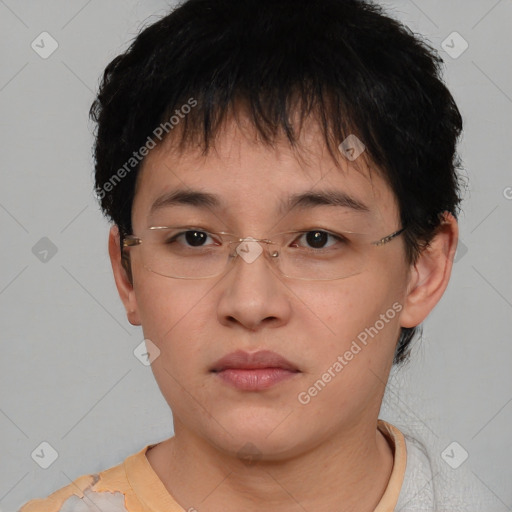 Neutral asian young-adult female with short  brown hair and brown eyes