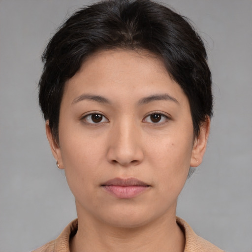 Neutral asian young-adult female with short  brown hair and brown eyes