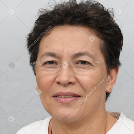 Joyful white adult female with short  brown hair and brown eyes