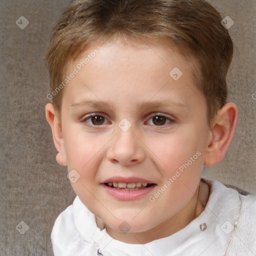 Joyful white child female with short  brown hair and brown eyes