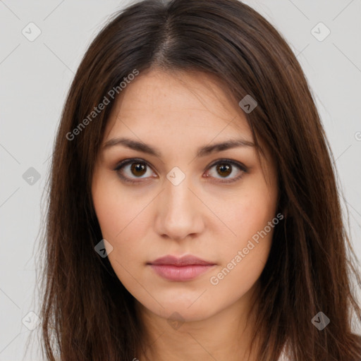 Neutral white young-adult female with long  brown hair and brown eyes