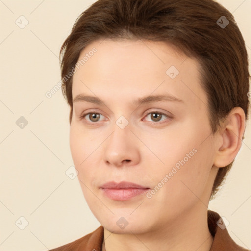 Neutral white young-adult female with short  brown hair and brown eyes