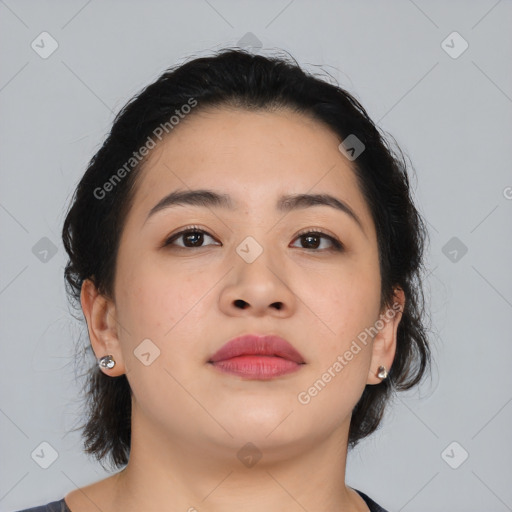 Neutral asian young-adult female with medium  brown hair and brown eyes