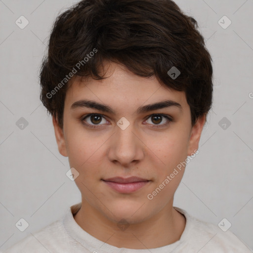 Neutral white young-adult female with short  brown hair and brown eyes