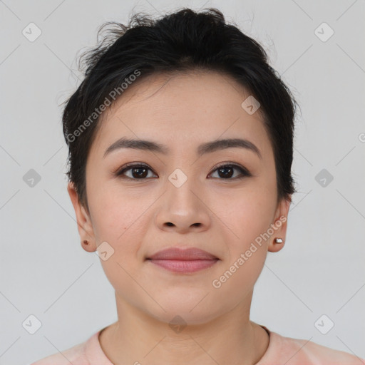 Joyful asian young-adult female with short  brown hair and brown eyes