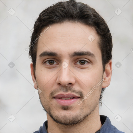 Neutral white young-adult male with short  brown hair and brown eyes