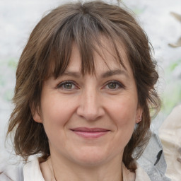 Joyful white adult female with medium  brown hair and grey eyes