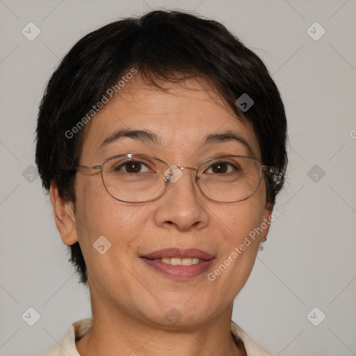 Joyful white adult female with short  brown hair and brown eyes