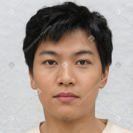 Neutral asian young-adult male with short  black hair and brown eyes