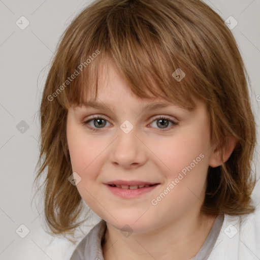 Joyful white child female with medium  brown hair and brown eyes