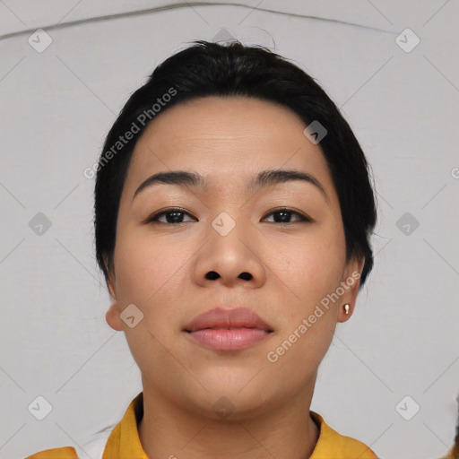 Neutral asian young-adult female with short  black hair and brown eyes