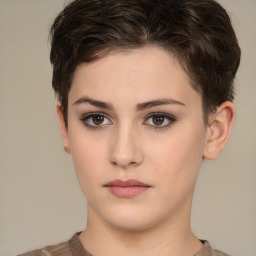 Neutral white young-adult female with short  brown hair and brown eyes