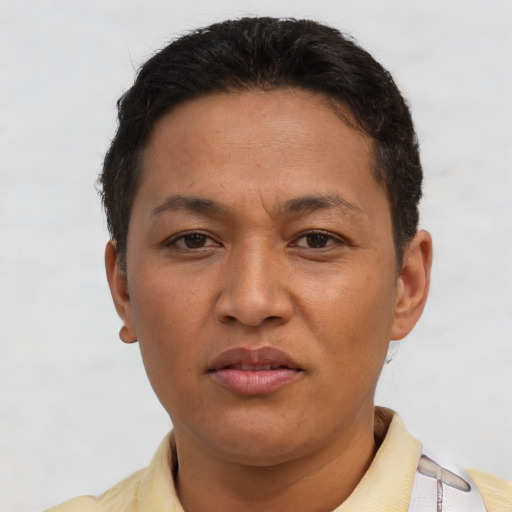 Joyful asian adult male with short  brown hair and brown eyes