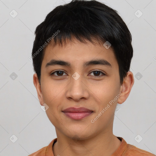 Joyful asian young-adult male with short  black hair and brown eyes