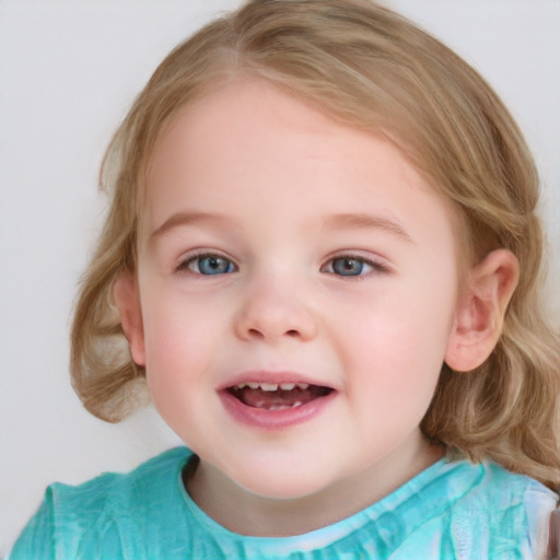 Joyful white child female with medium  brown hair and blue eyes