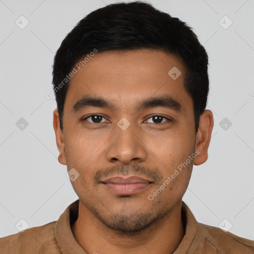 Neutral latino young-adult male with short  black hair and brown eyes