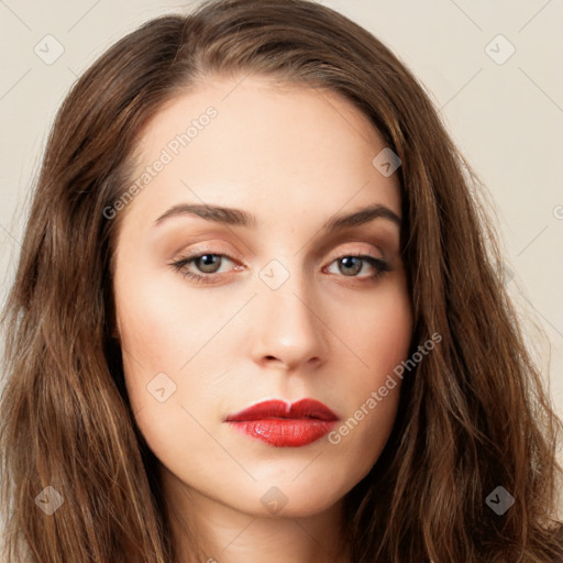 Neutral white young-adult female with long  brown hair and brown eyes