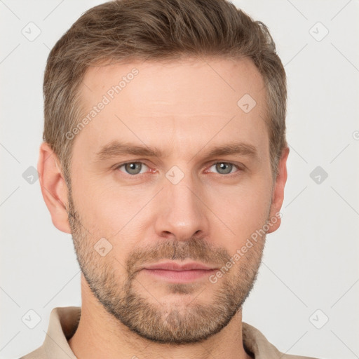 Neutral white young-adult male with short  brown hair and grey eyes