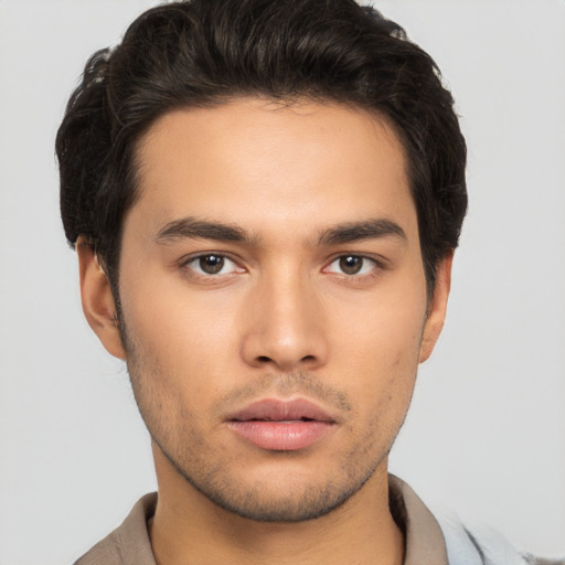 Neutral asian young-adult male with short  brown hair and brown eyes