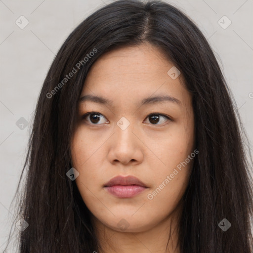 Neutral asian young-adult female with long  brown hair and brown eyes