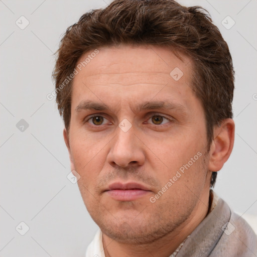 Neutral white adult male with short  brown hair and brown eyes