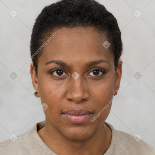 Neutral black young-adult female with short  black hair and brown eyes