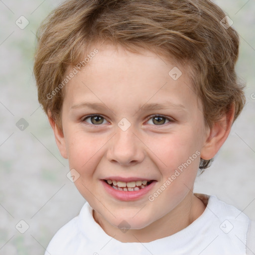 Joyful white child female with short  brown hair and brown eyes