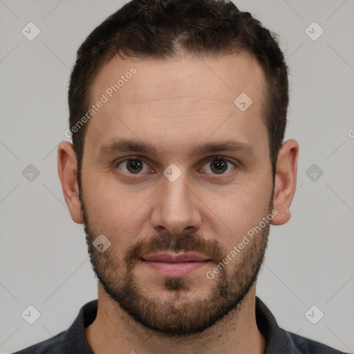 Neutral white young-adult male with short  brown hair and brown eyes