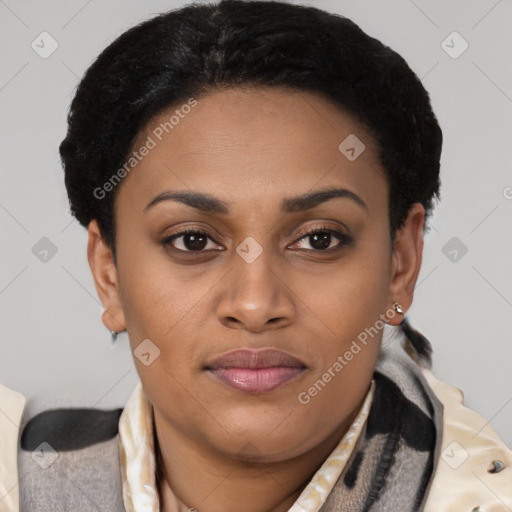 Joyful latino young-adult female with short  brown hair and brown eyes