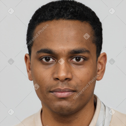 Neutral latino young-adult male with short  black hair and brown eyes