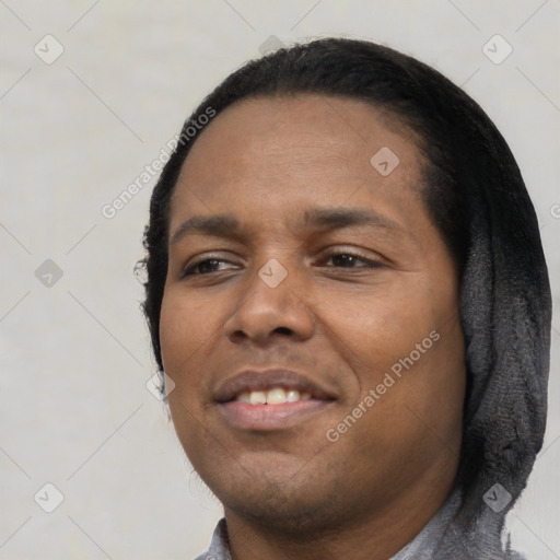 Neutral black young-adult female with short  black hair and brown eyes