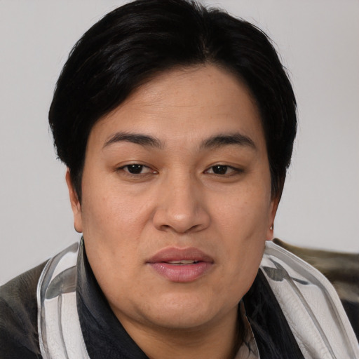Joyful asian young-adult female with medium  black hair and brown eyes