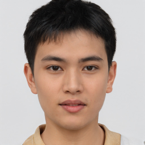 Neutral asian young-adult male with short  brown hair and brown eyes