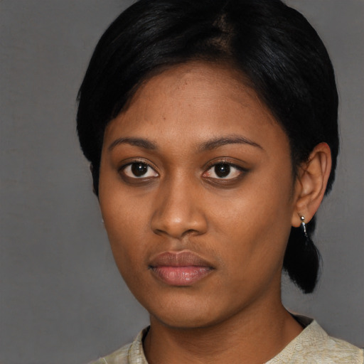Neutral asian young-adult female with short  black hair and brown eyes