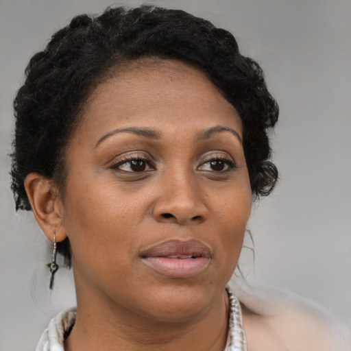 Joyful black adult female with medium  brown hair and brown eyes