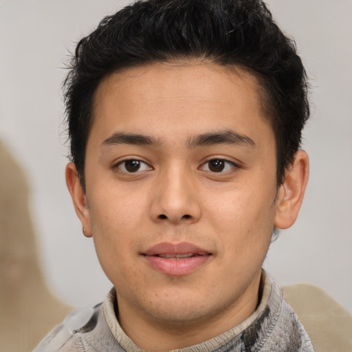 Neutral latino young-adult male with short  brown hair and brown eyes