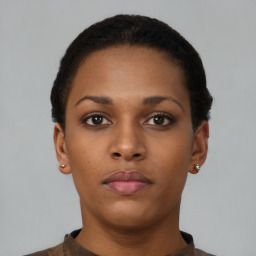 Neutral black young-adult female with short  brown hair and brown eyes