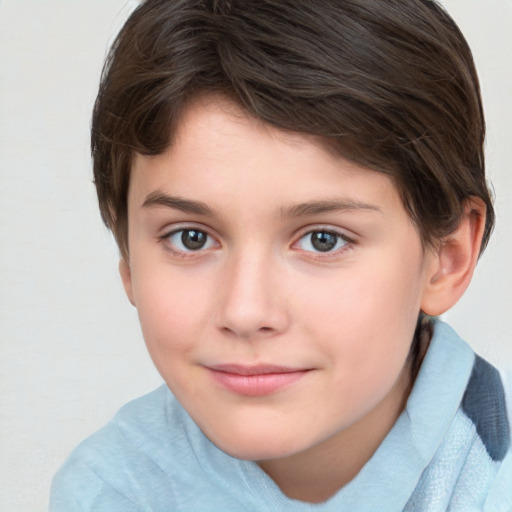 Joyful white child female with short  brown hair and grey eyes