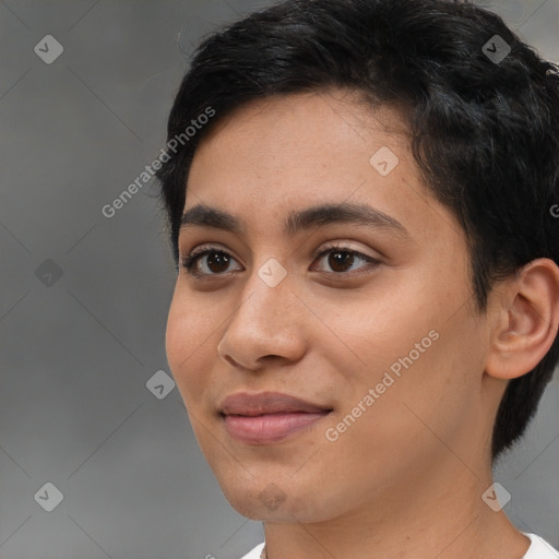 Joyful latino young-adult female with short  brown hair and brown eyes