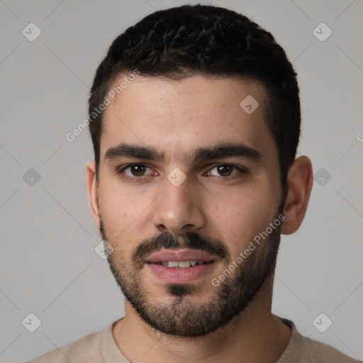 Neutral white young-adult male with short  black hair and brown eyes