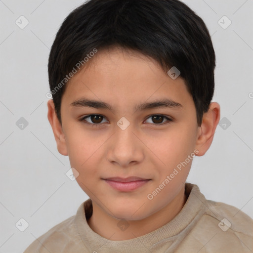 Joyful white child female with short  brown hair and brown eyes